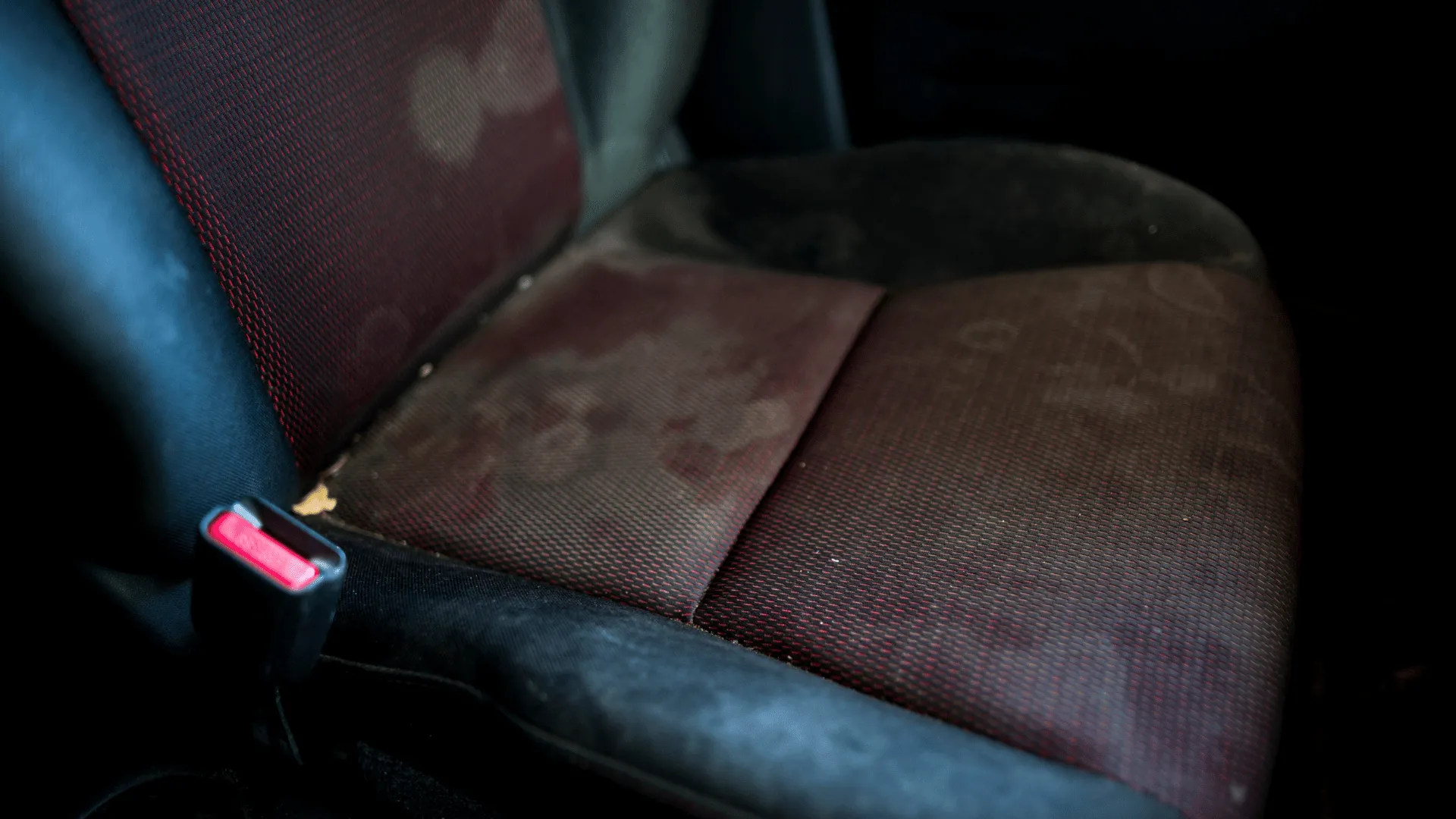 car seat that has stains all over it